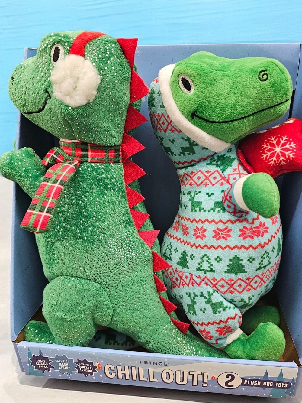 Fringe Studio Green Holiday Dino Plush Dog Toy Duo - Green & Red Accents